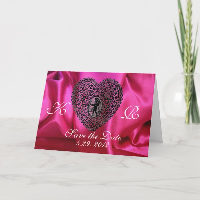 Cartes Pour Fêtes Annuelles CUPID LACE COEUR SILK FUCHSIA VÊTEMENT, Rose Noir (Devant)