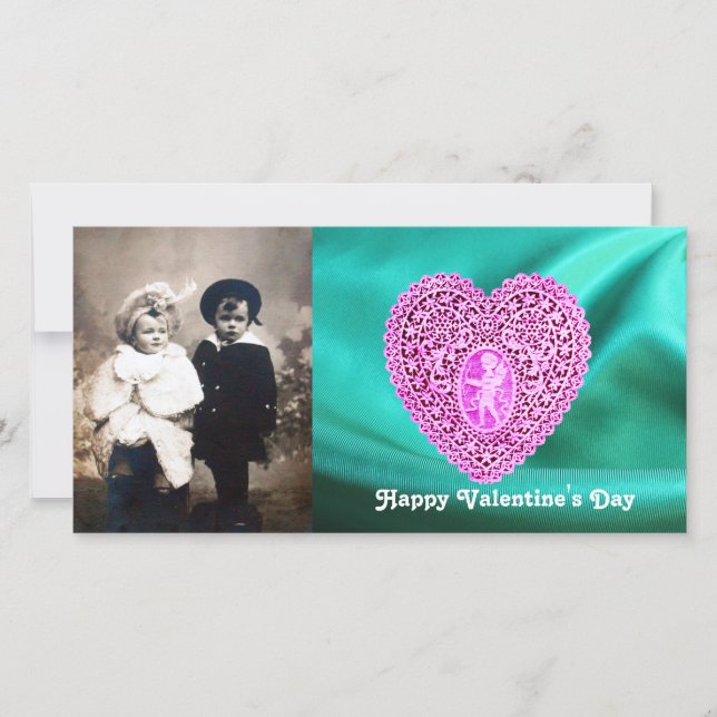 Cartes Pour Fêtes Annuelles CUPID LACE COEUR SOIE VERT BLEU, Violet rose (Devant)