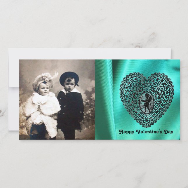 Cartes Pour Fêtes Annuelles CUPID LACE COEUR SOIE VERT BLEUE, Noir (Devant)