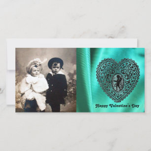 Cartes Pour Fêtes Annuelles CUPID LACE COEUR SOIE VERT BLEUE, Noir