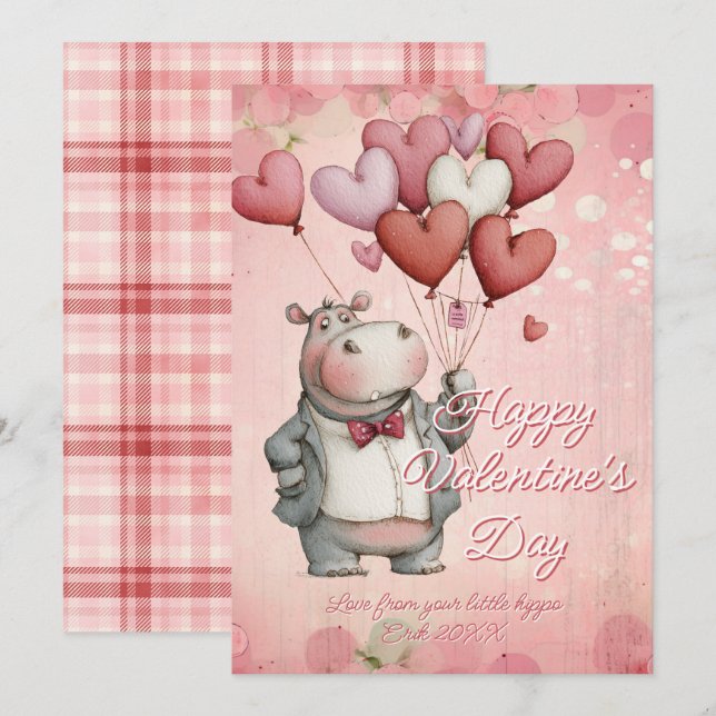 Cartes Pour Fêtes Annuelles Custom Message Hippo Animal Valentines Day (Devant / Derrière)