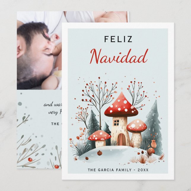 Cartes Pour Fêtes Annuelles Cute aquarelle bois Feliz Navidad Photo (Devant / Derrière)
