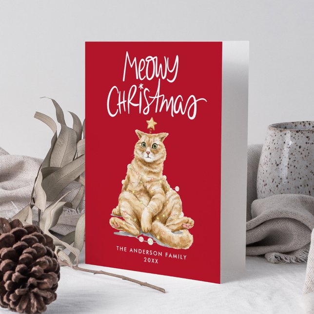 Cartes Pour Fêtes Annuelles Cute Aquarelle Chat Meowy Noël Sans Photo (Créateur téléchargé)