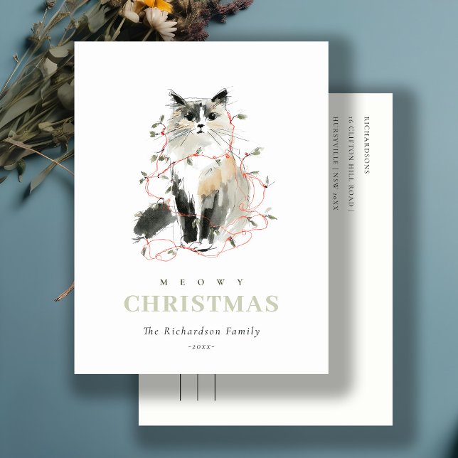 Cartes Pour Fêtes Annuelles Cute Aquarelle Moderne Meowy Feux de Noël Chat (Créateur téléchargé)