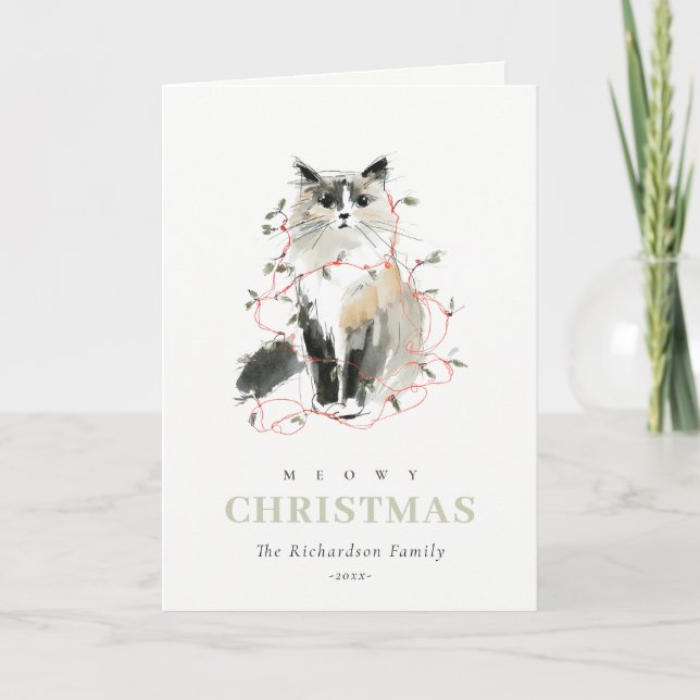 Cartes Pour Fêtes Annuelles Cute Aquarelle Moderne Meowy Feux de Noël Chat (Devant)