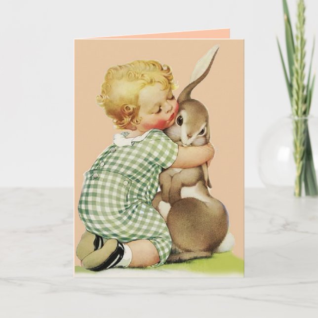 Cartes Pour Fêtes Annuelles CUTE BÉBÉ HUGGING RABBIT, Anniversaire rose (Devant)