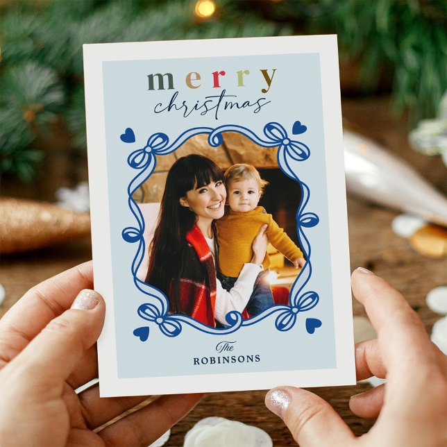 Cartes Pour Fêtes Annuelles Cute Blue Christmas Bow Heart Frame Photo (Créateur téléchargé)