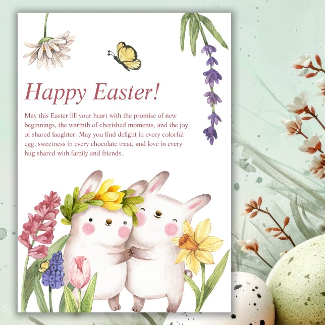Cartes Pour Fêtes Annuelles Cute Bunnies Aquarelle Fleurs de Printemps Pâques (Créateur téléchargé)