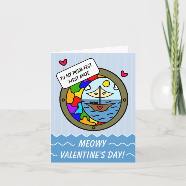 Cartes Pour Fêtes Annuelles Cute Cat Sweet Adventure Voilier Valentine (Devant)