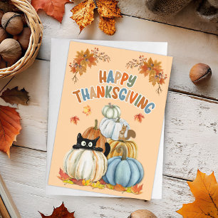 Cartes Pour Fêtes Annuelles Cute chat et Bon thanksgiving Citrouille rétro