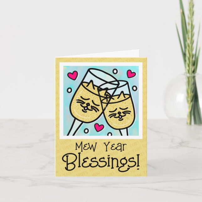 Cartes Pour Fêtes Annuelles Cute Chat Face Champagne Toit Nouvel An (Devant)