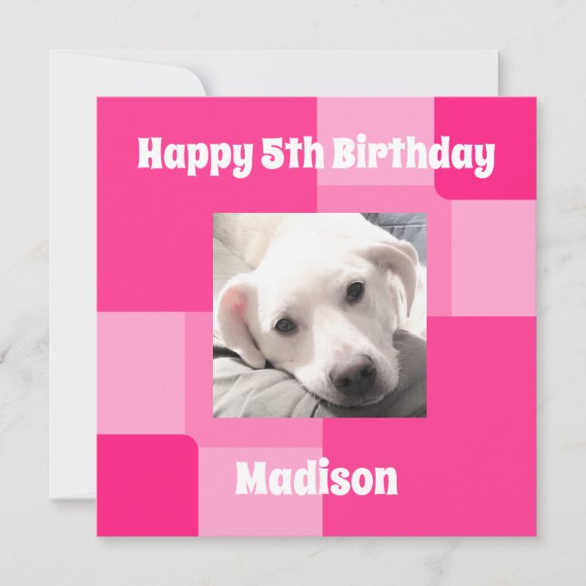 Cartes Pour Fêtes Annuelles Cute Chien Photo 5Anniversaire rose (Devant)