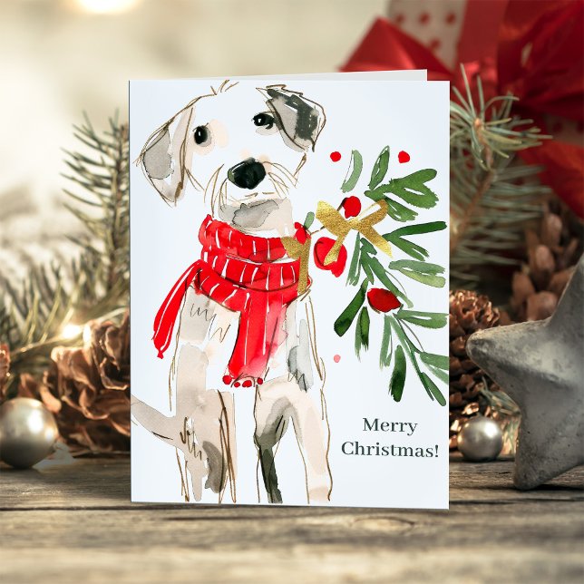 Cartes Pour Fêtes Annuelles Cute Christmas Dog with Scarf and Greenery (Créateur téléchargé)