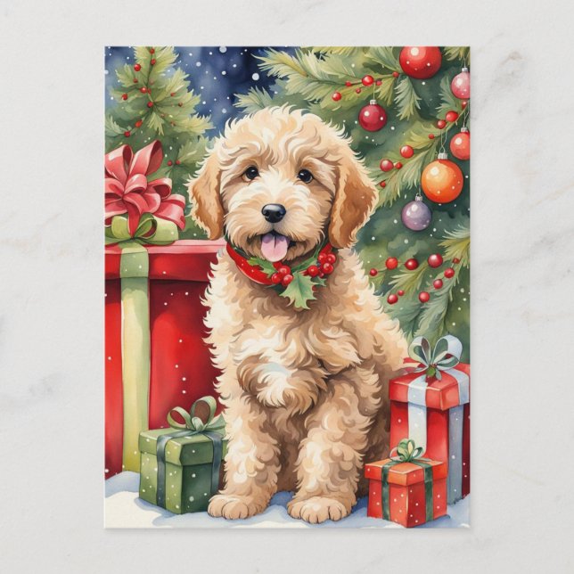 Cartes Pour Fêtes Annuelles Cute Christmas Labradoodle Puppy with Gifts (Devant)