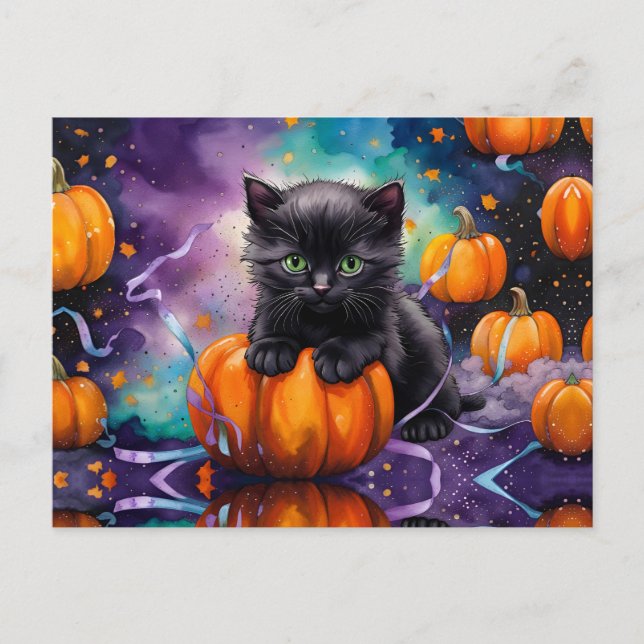 Cartes Pour Fêtes Annuelles Cute Citrouilles de Kitten noir et ruban (Devant)