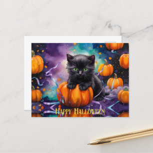 Cartes Pour Fêtes Annuelles Cute Citrouilles de Kitten noir et ruban