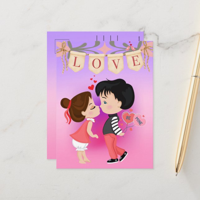 Cartes Pour Fêtes Annuelles Cute Couple Be Mine Saint Valentin (Devant/Arrière en situation)