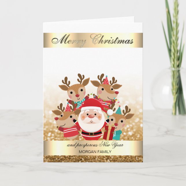Cartes Pour Fêtes Annuelles Cute Deers, Père Noël Gold Bokeh (Devant)