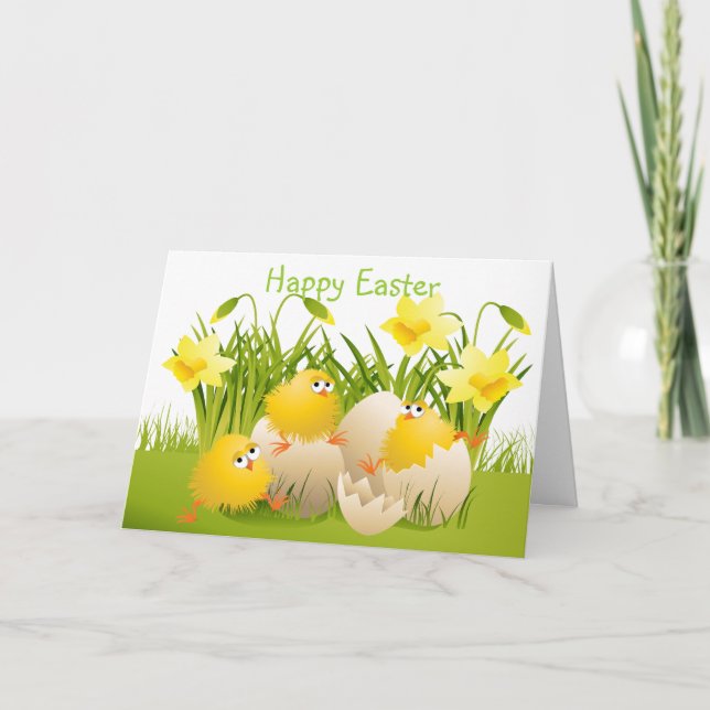 Cartes Pour Fêtes Annuelles Cute Easter Chicks & Daffodiques (Devant)