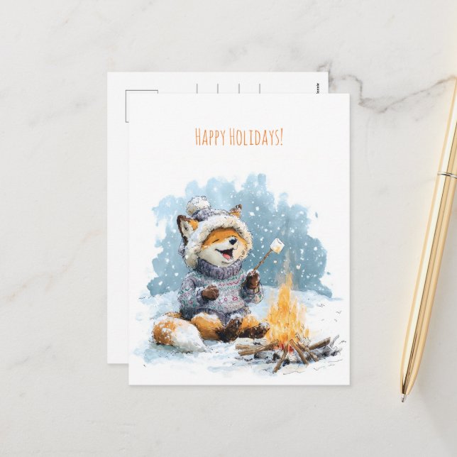 Cartes Pour Fêtes Annuelles Cute fox in warm sweater roasting marshmallows,  (Devant/Arrière en situation)
