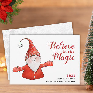 Cartes Pour Fêtes Annuelles Cute Gnome Croyez en la magie rouge Noël
