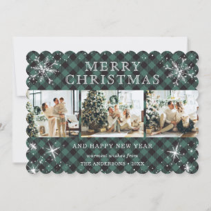 Cartes Pour Fêtes Annuelles Cute Green Buffalo Plaid Snowflake 3 Photo Collage
