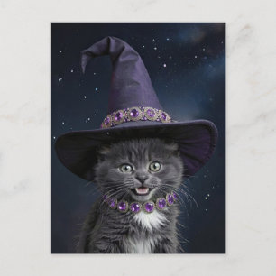 Cartes Pour Fêtes Annuelles Cute Grey Kitten Chat avec Casquette sorcier Hallo