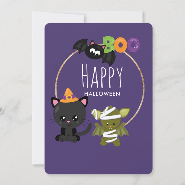 Cartes Pour Fêtes Annuelles Cute Halloween Chat, chauve-souris et maman Boo (Devant)