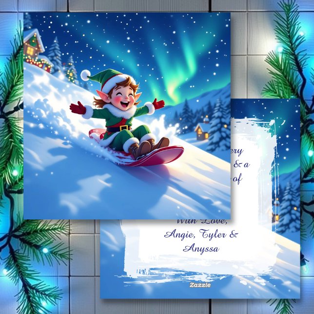 Cartes Pour Fêtes Annuelles Cute Happy Elf Sledding | Personalized Christmas (Créateur téléchargé)