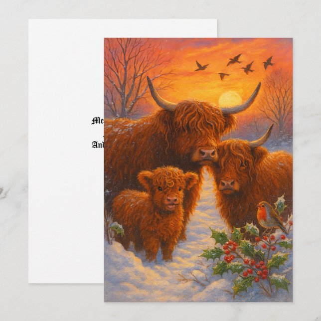 Cartes Pour Fêtes Annuelles Cute Highland Cow Family In Snowy Woodland Sunset (Devant / Derrière)