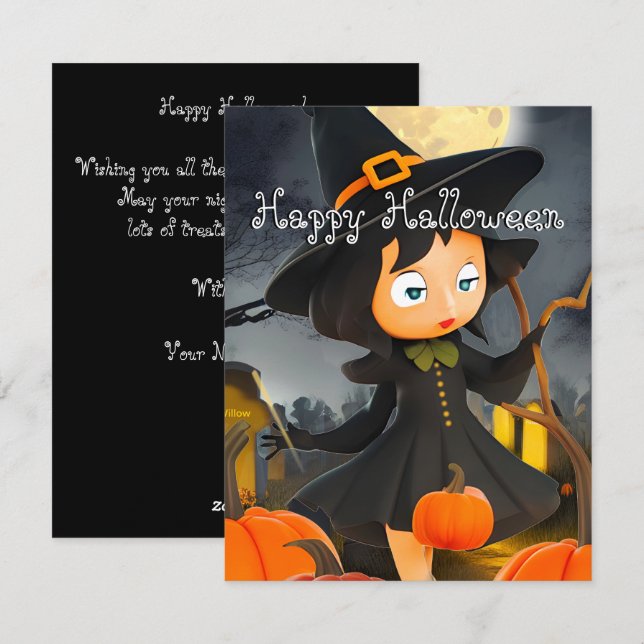 Cartes Pour Fêtes Annuelles Cute Holloween Witch Pleine lune Citrouille Patch  (Devant / Derrière)