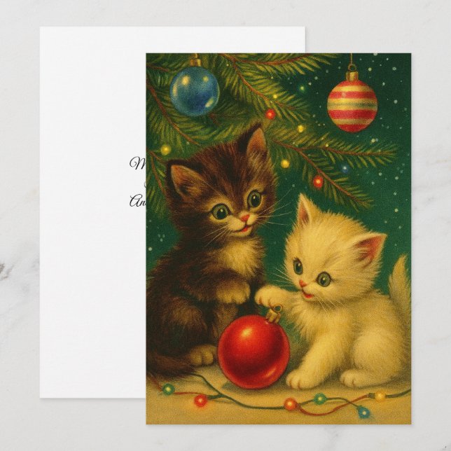 Cartes Pour Fêtes Annuelles Cute Kittens Under Christmas Tree Retro (Devant / Derrière)