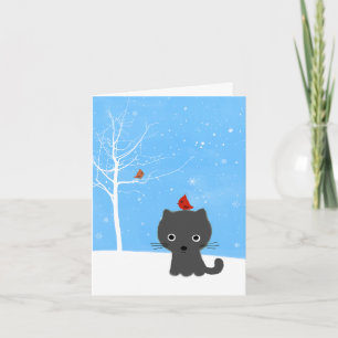 Cartes Pour Fêtes Annuelles Cute Kitty Chat & Little Red Birds Noël blanc