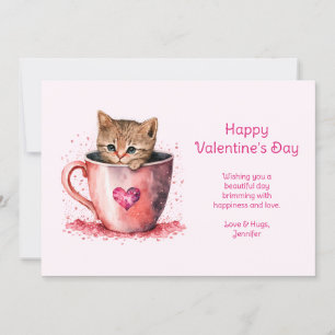 Cartes Pour Fêtes Annuelles Cute Kitty dans un Teacup avec coeur Saint Valenti