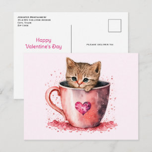 Cartes Pour Fêtes Annuelles Cute Kitty dans un Teacup avec coeur Saint Valenti
