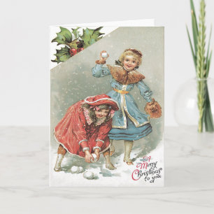 Cartes Pour Fêtes Annuelles Cute Little Girls Snowball Combat