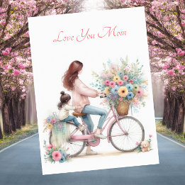 Cartes Pour Fêtes Annuelles Cute Mère Enfant Vélo Aquarelle Fête des Mères