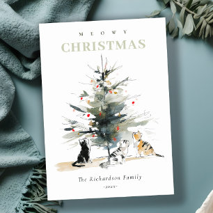 Cartes Pour Fêtes Annuelles Cute Moderne Aquarelle Meowy Arbre de Noël Chats