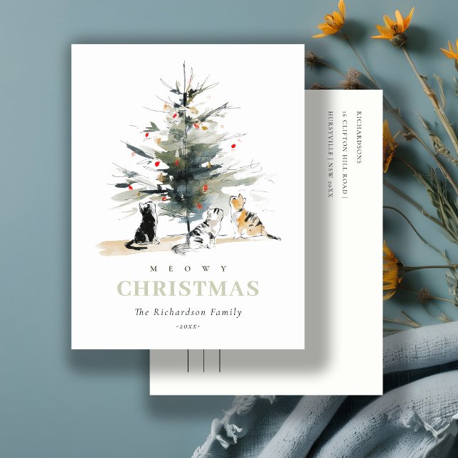 Cartes Pour Fêtes Annuelles Cute Moderne Aquarelle Meowy Arbre de Noël Chats (Créateur téléchargé)