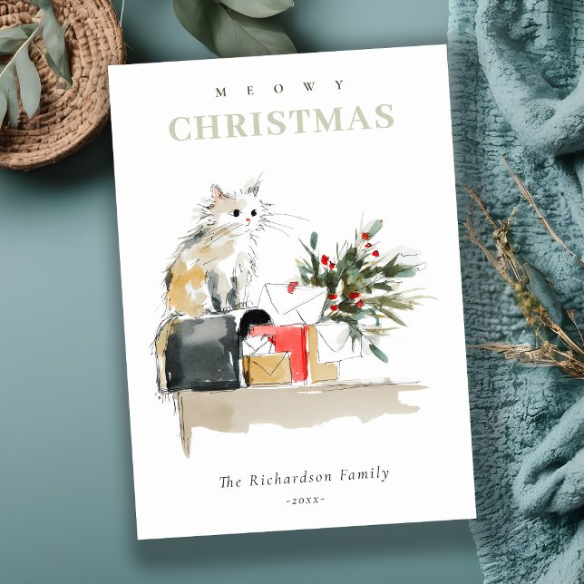 Cartes Pour Fêtes Annuelles Cute moderne aquarelle Meowy Cadeaux de Noël Chat (Créateur téléchargé)