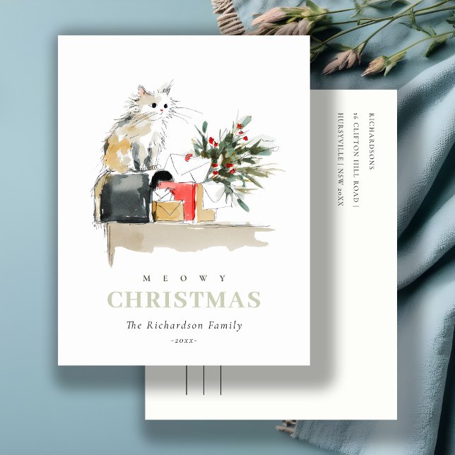 Cartes Pour Fêtes Annuelles Cute moderne aquarelle Meowy Noël Cadeau Chat (Créateur téléchargé)