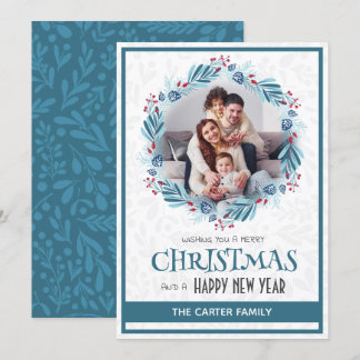 Cartes Pour Fêtes Annuelles Cute Moderne Mistletoe Bleu Feu de Noël Photo