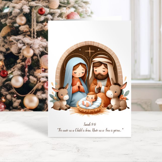 Cartes Pour Fêtes Annuelles Cute Nativité Scène Isaïe 9:6 Bible Verse (Créateur téléchargé)