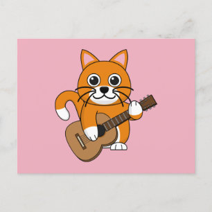 Cartes Pour Fêtes Annuelles Cute Orange Chat Blanc Jouer Caricature Guitare