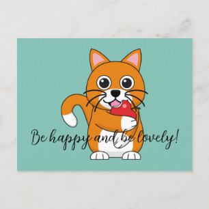 Cartes Pour Fêtes Annuelles Cute Orange Chat Manger Pomme Carton   Ajouter du 