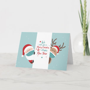 Cartes Pour Fêtes Annuelles Cute Père Noël et Reindeer Social Distancing Covid