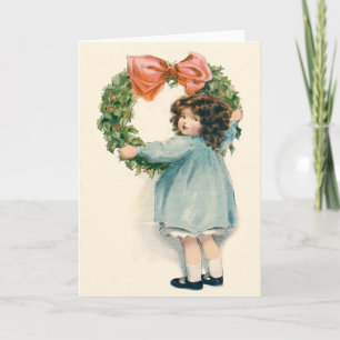 Cartes Pour Fêtes Annuelles Cute Petite Fille Holly Wreath Pink Bow