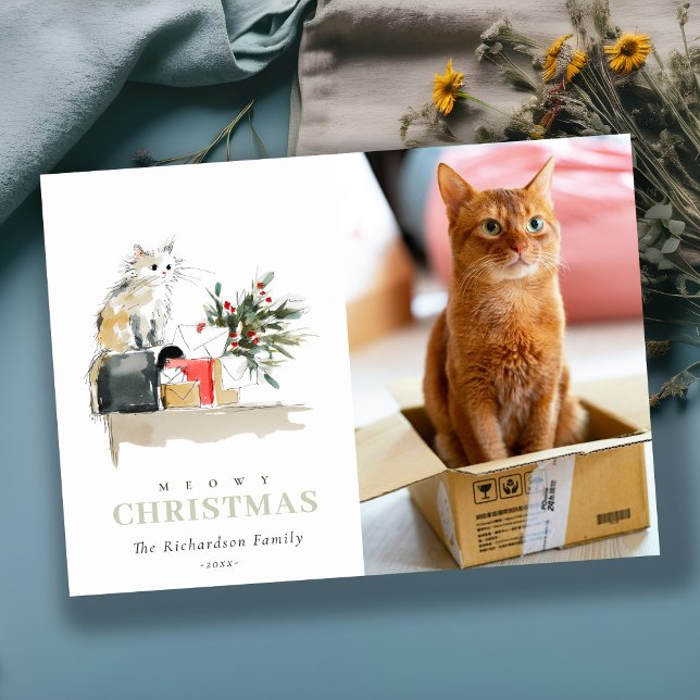 Cartes Pour Fêtes Annuelles Cute Photo Aquarelle Meowy Noël Cadeau Chat (Créateur téléchargé)