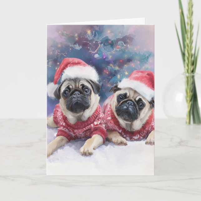 Cartes Pour Fêtes Annuelles Cute Pugs Christmas Greeting Card  (Devant)