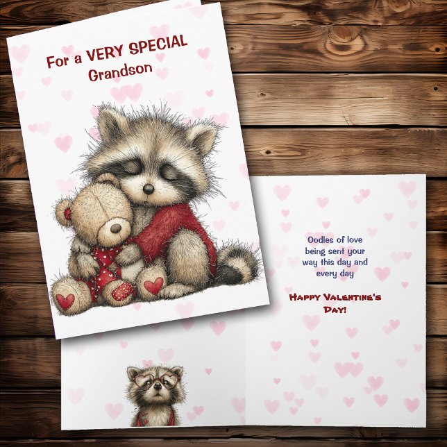 Cartes Pour Fêtes Annuelles Cute Raccoon and Teddy Bear Grandson Valentine (Créateur téléchargé)